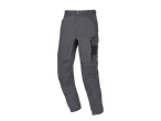 Grey work trousers with elasticated waist and cargo pockets.