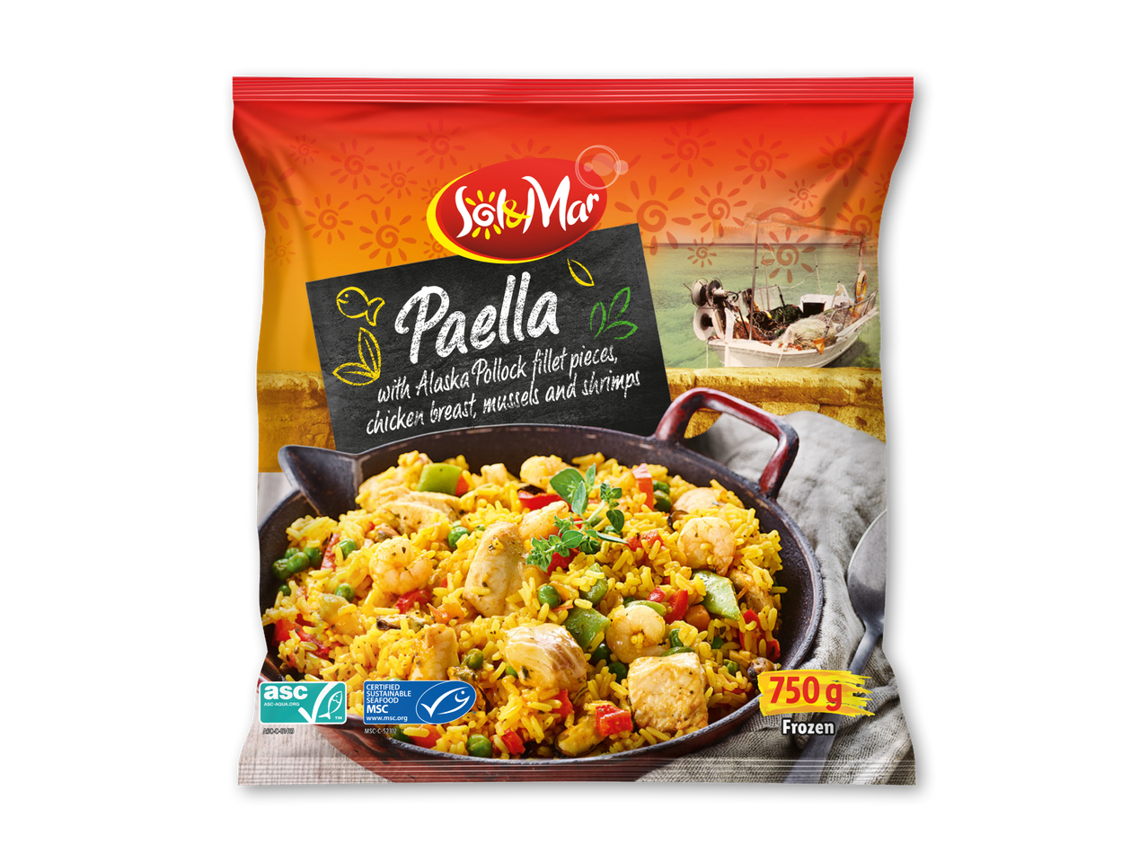 Paella med Alaska Pollock, kyllingebryst, muslinger og rejer i en pose, 750g frossen.