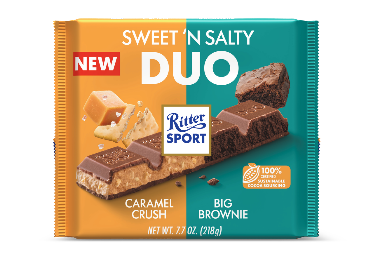 Ritter Sport Sweet 'N Salty Duo reep met Caramel Crush en Big Brownie smaken.
