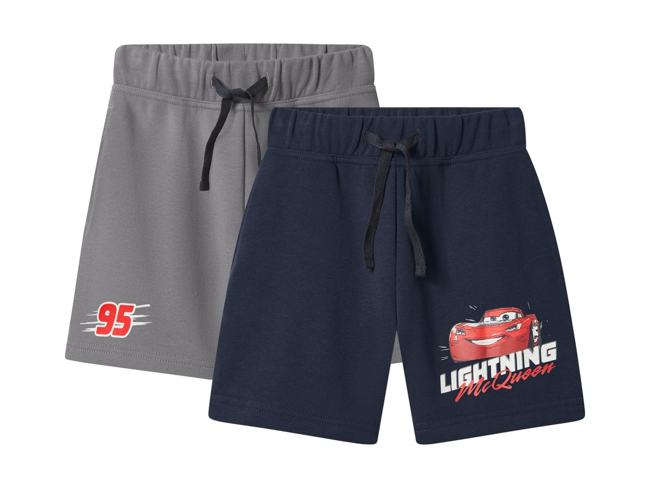 Two pairs of boys' shorts, one grey with '95' and one navy with a red race car and 'Lightning McQueen'.
