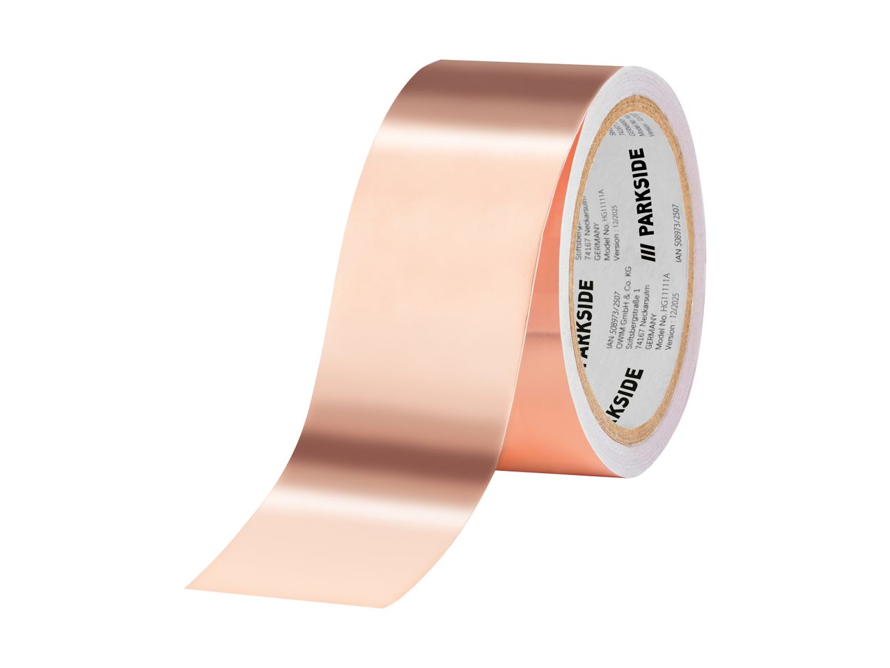 Copper-colored adhesive tape roll with product information printed on the side.