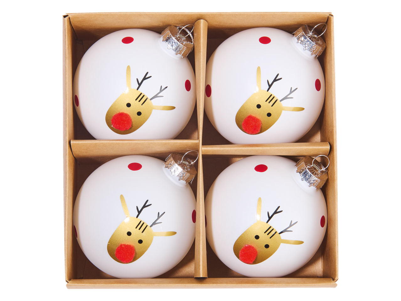 Neli valget jõuluehet põhjapõdra kujutisega pruunis karbis.