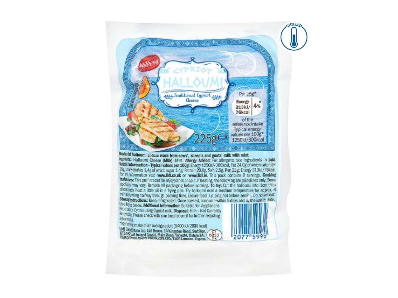 A package of Cypriot Halloumi cheese with a grilled halloumi dish on the front, showing nutritional information and cooking instructions.