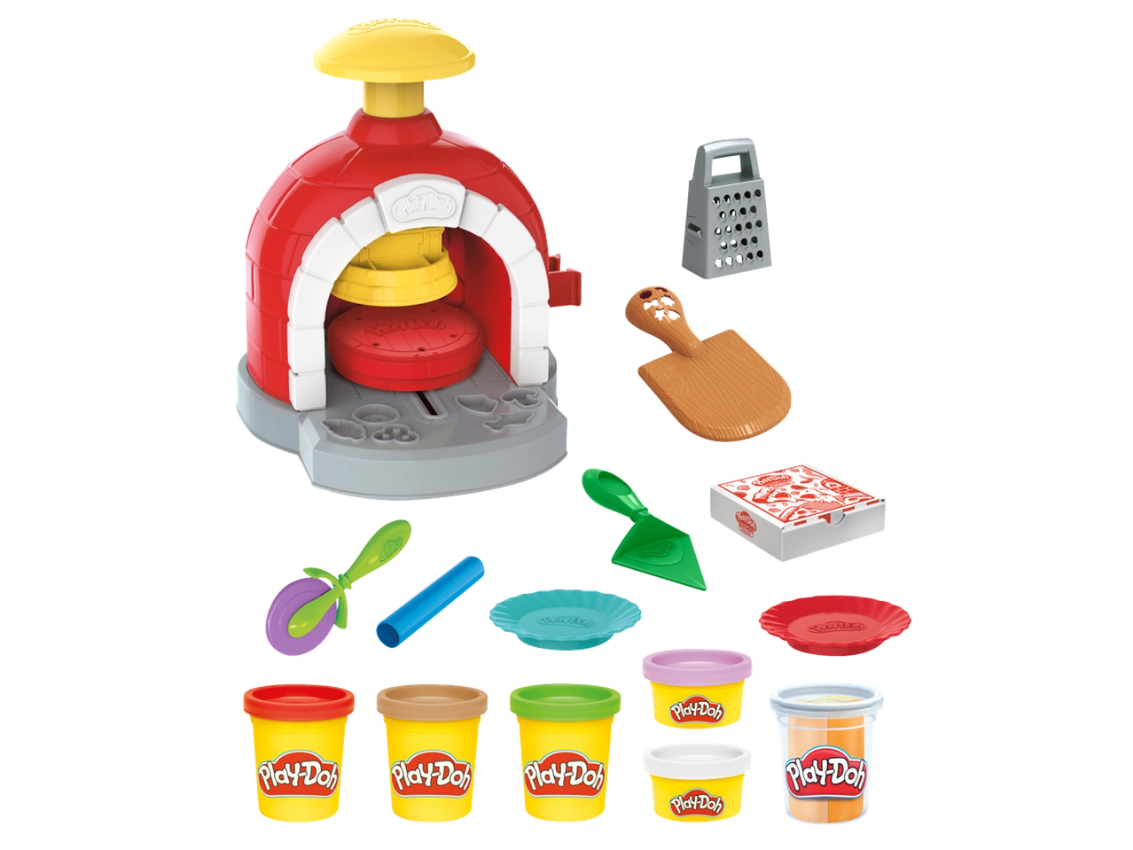 Conjunto de brincar Play-Doh forno de pizza com ferramentas e cinco potes de plasticina.