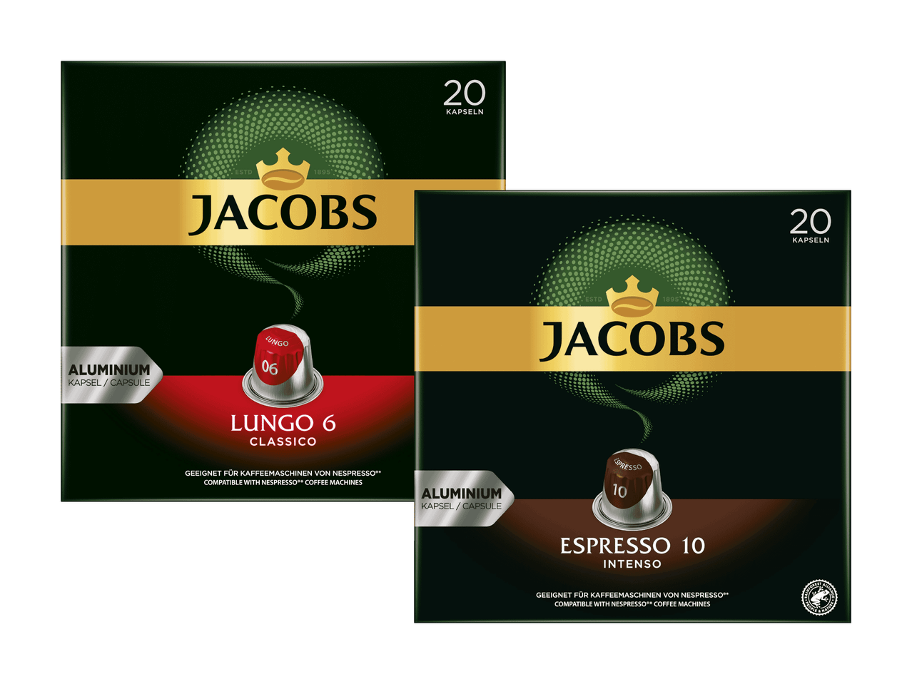 Zwei Packungen Jacobs Espresso Kapseln, eine in rot (Espresso Intenso) und eine in schwarz (Espresso).