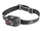 A Crivit headlamp with a black and gray adjustable strap.