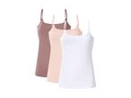Tre camisole toppe i hvid, beige og brun.