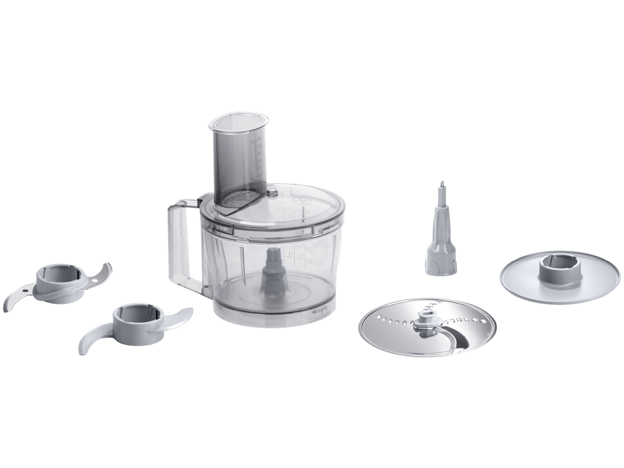 Virtuves kombains ar dažādiem piederumiem: asmeņiem, rīvi un putotāju.