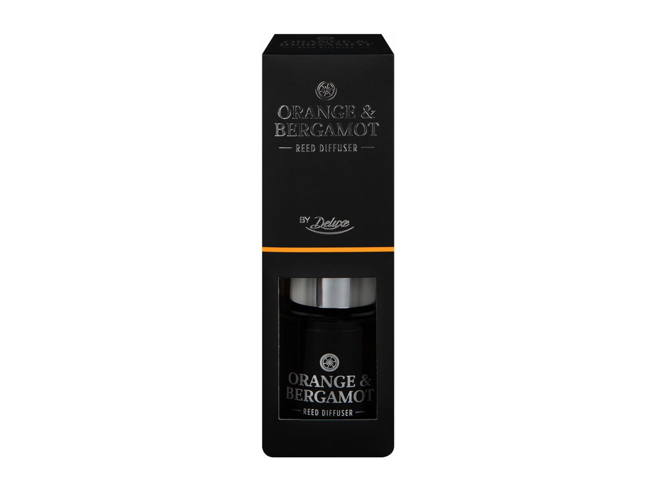 Orange & Bergamot Reed Diffuser by Deluxe in black packaging with an orange stripe.