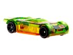 A translucent green and orange toy race car with black wheels, number 03 on the front.