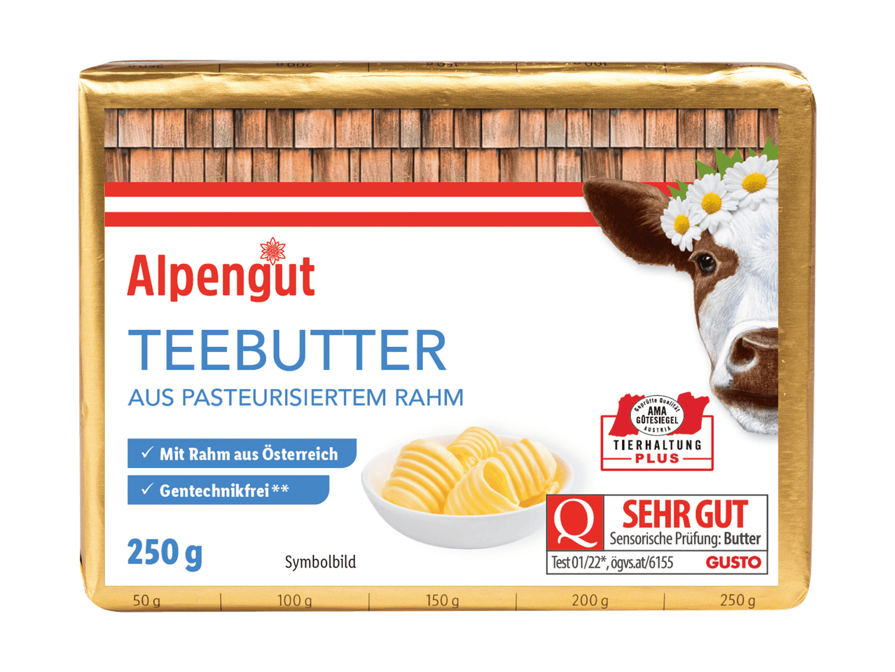 Alpengut Teebutter mit Kuhmotiv, 250g Packung, ausgezeichnet mit AMA Gütesiegel.