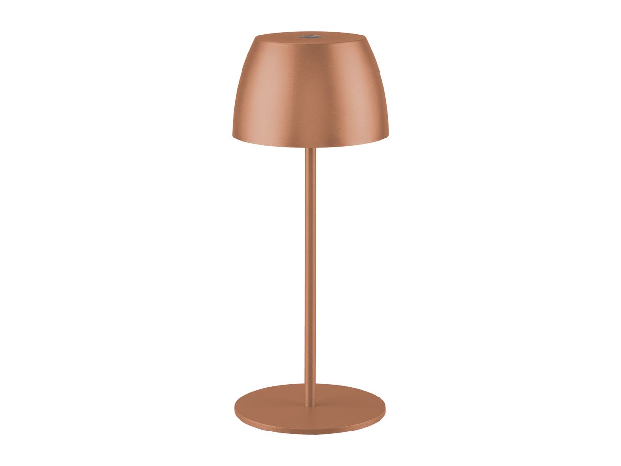 Copper-colored cordless LED table lamp with a round base and dome shade