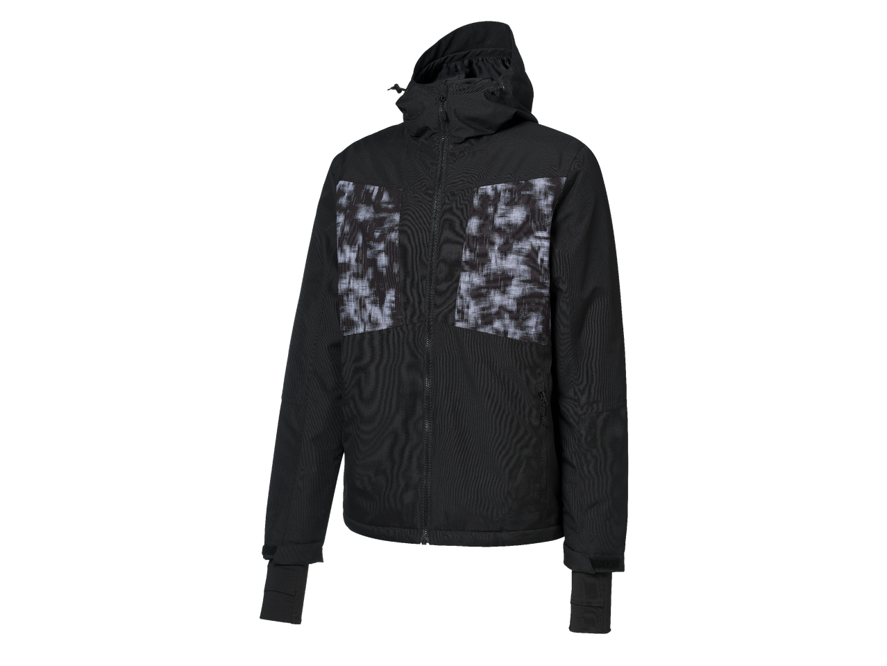 Черно мъжко ски яке с качулка и сив камуфлажен принт