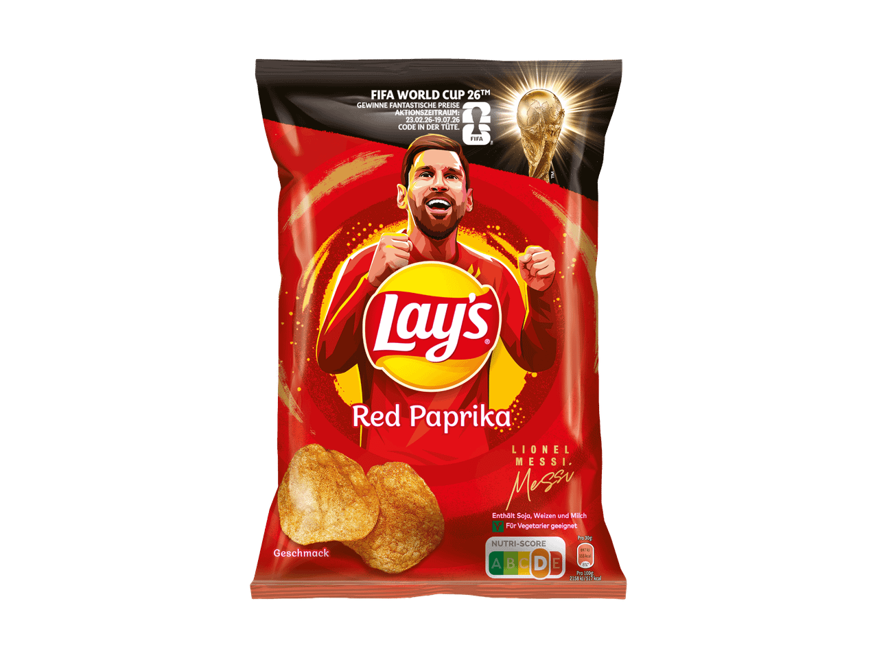 Tüte Kartoffelchips mit Rote-Paprika-Geschmack und dem Bild eines Fußballspielers.