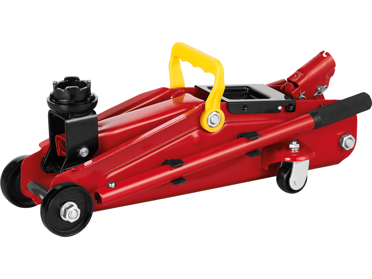 Punane hüdrauliline tungraud kollase käepideme ja mustade ratastega