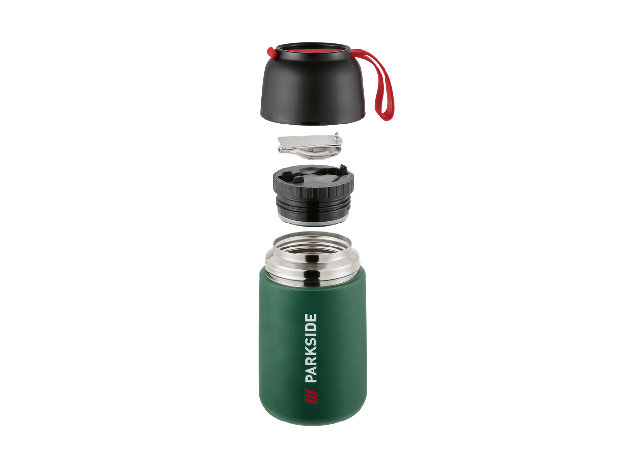 Disassembled Parkside food flask with lid, spoon, and stopper.