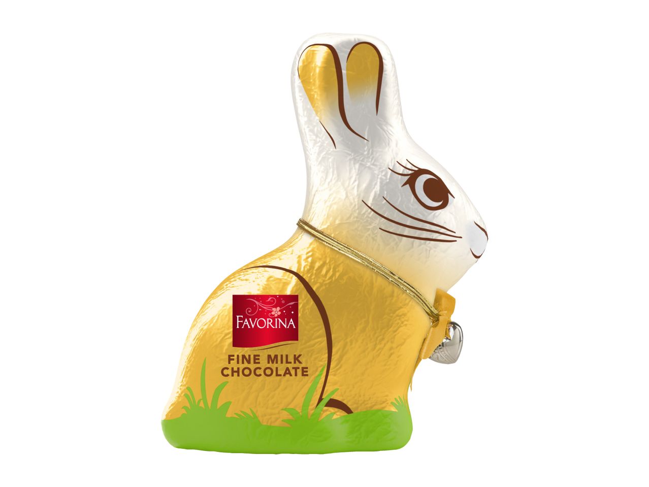 Chocolate Easter bunny in gold and white foil with a bell, standing on green grass.