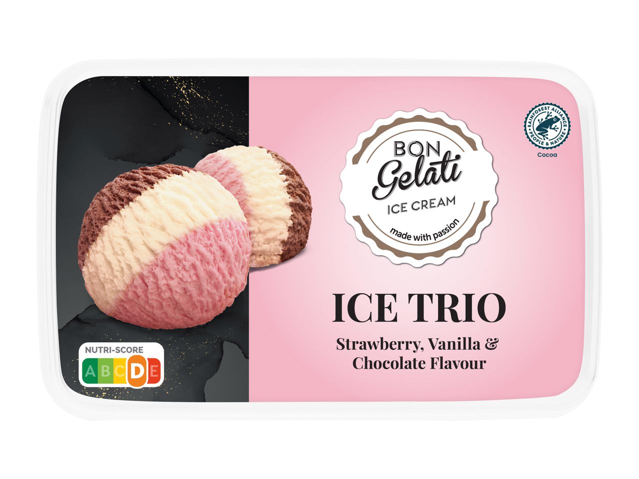 Pakiranje sladoleda Bon Gelati Ice Trio z okusi jagode, vanilije in čokolade.