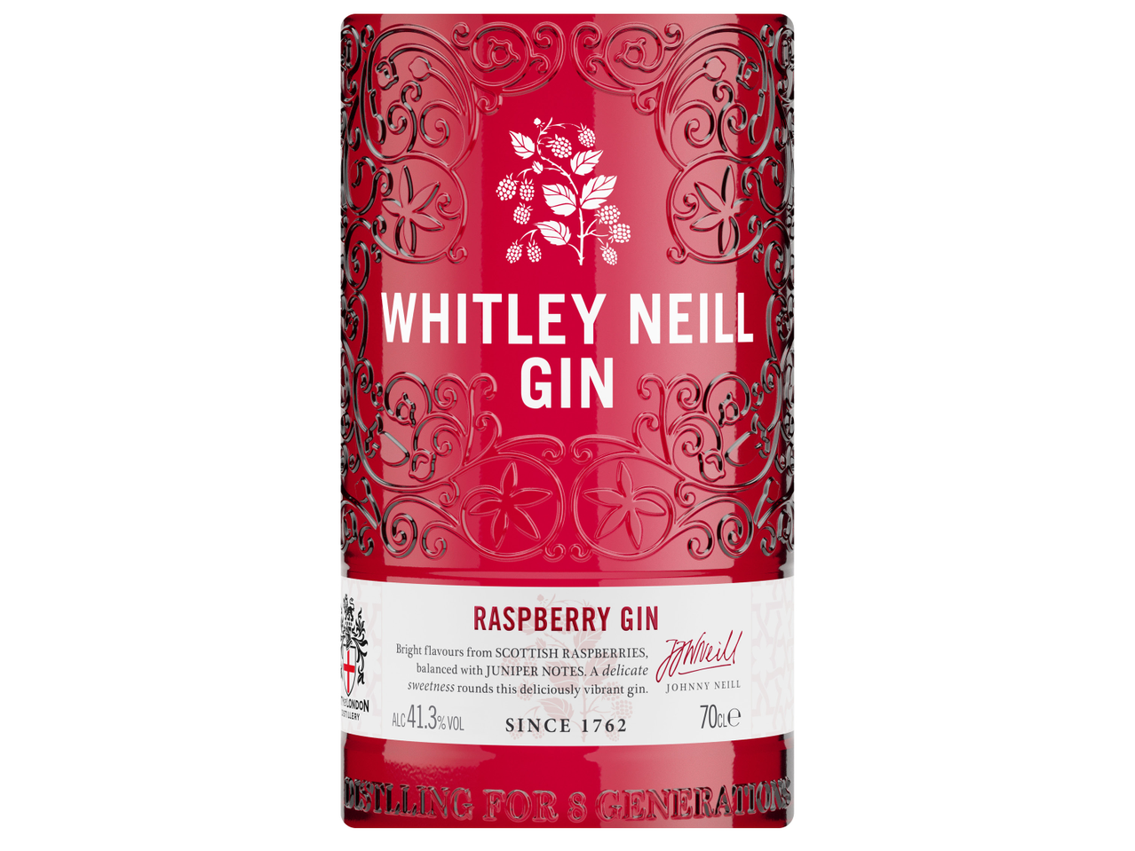 Бутилка малинов джин с релефни флорални мотиви и текст: „RASPBERRY GIN“