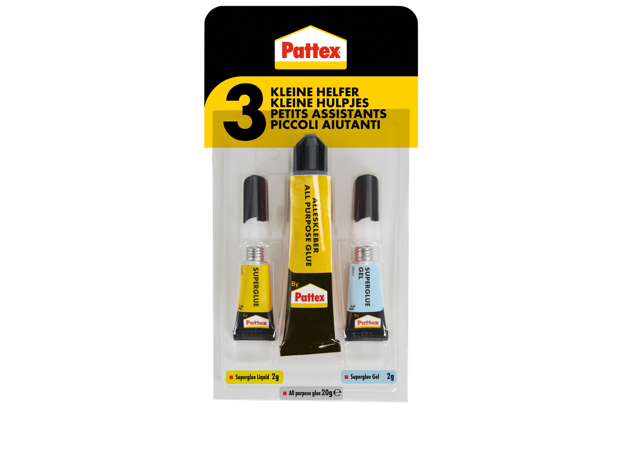 Kit de colles Pattex : colle tout usage 20g, super glue liquide 2g, super glue gel 2g.