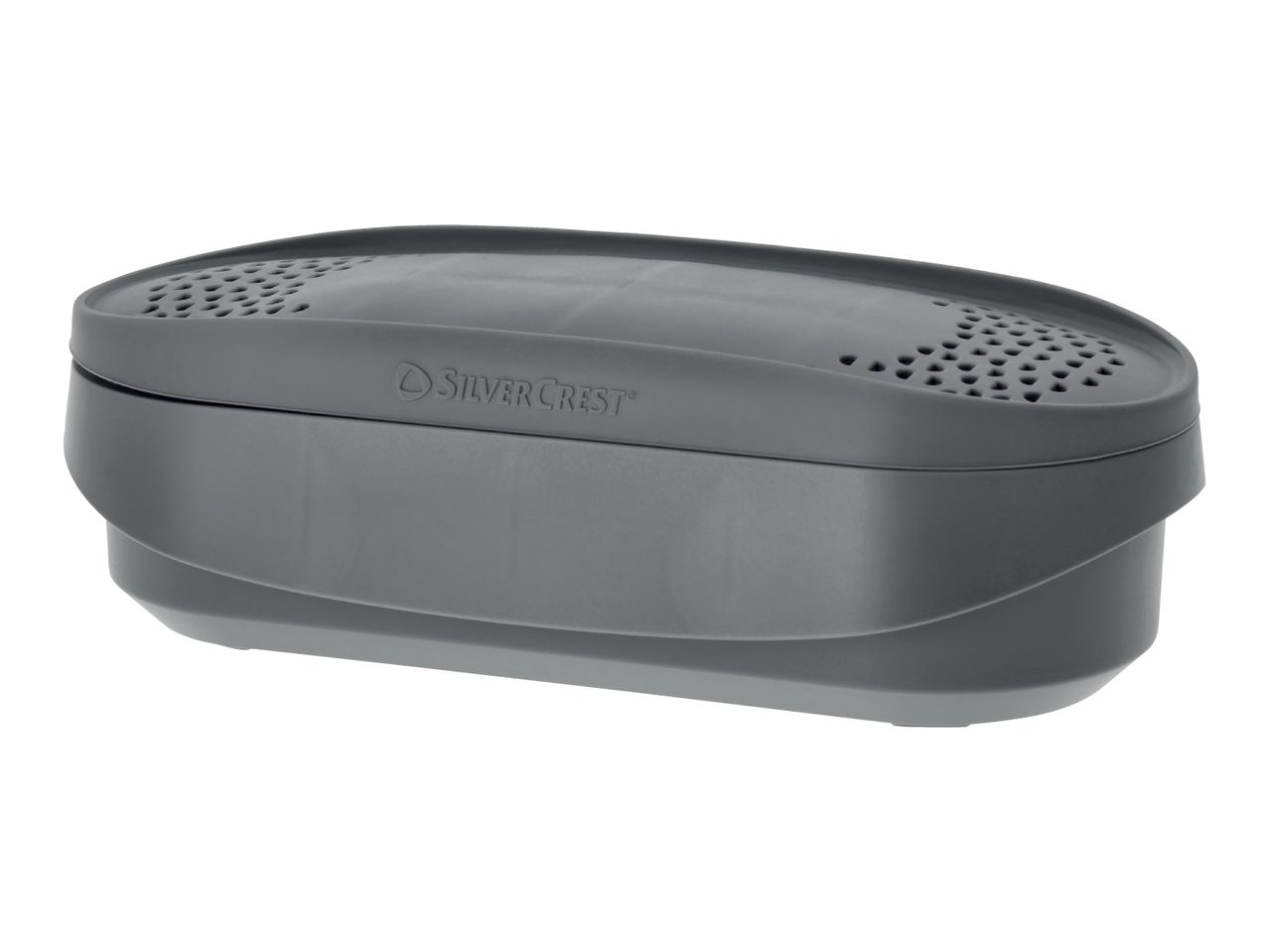 Grey rectangular food container with a perforated lid for ventilation.
