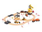Wooden toy train set with construction vehicles, crane, and workers on a white background.
