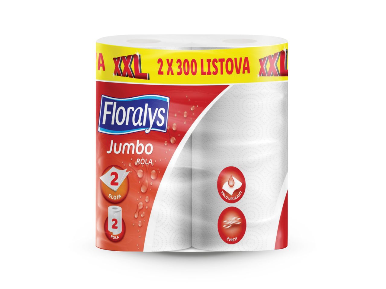 Floralys Jumbo kuhinjski ručnici, 2 role s 300 listova, 2 sloja, vrlo upijajući i čvrsti.