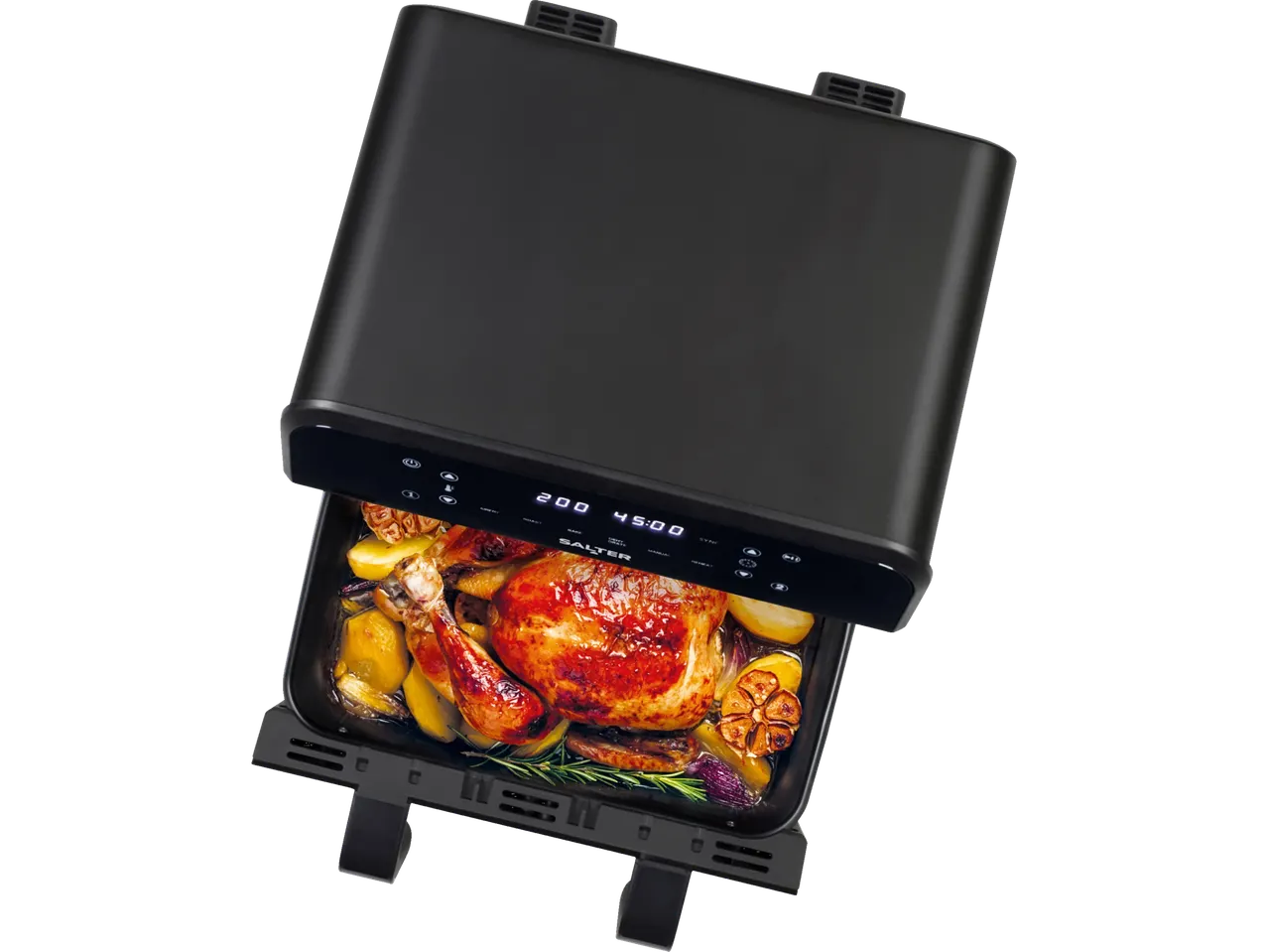 Salter air fryer with roasted chicken and vegetables.