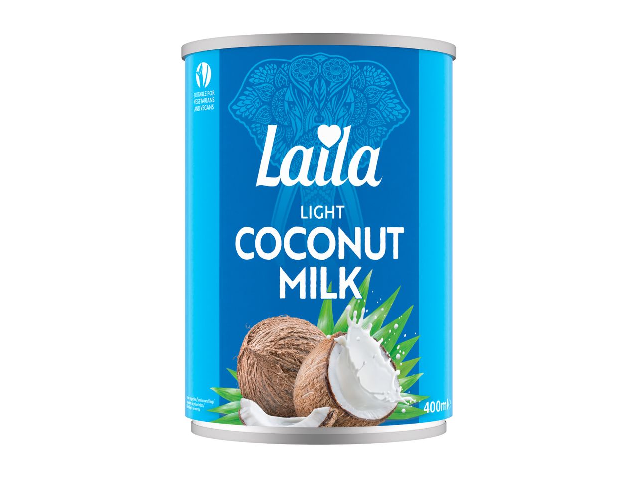 A 400ml can of light coconut milk with a blue label featuring coconuts and an elephant design.