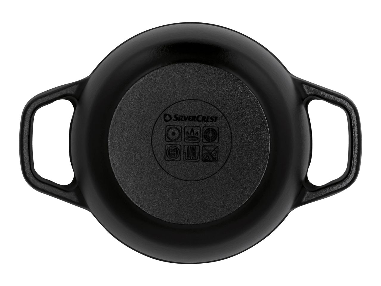Bottom of a black cast iron pot with handles, showing hob compatibility symbols.