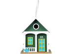 Green birdhouse with white and light blue details.