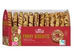 Lambertz Funny Biscuits Čajni keksići sa čokoladnim dekorom u crvenoj kutiji.