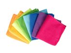 A fan of colorful microfiber cleaning cloths in rainbow order.
