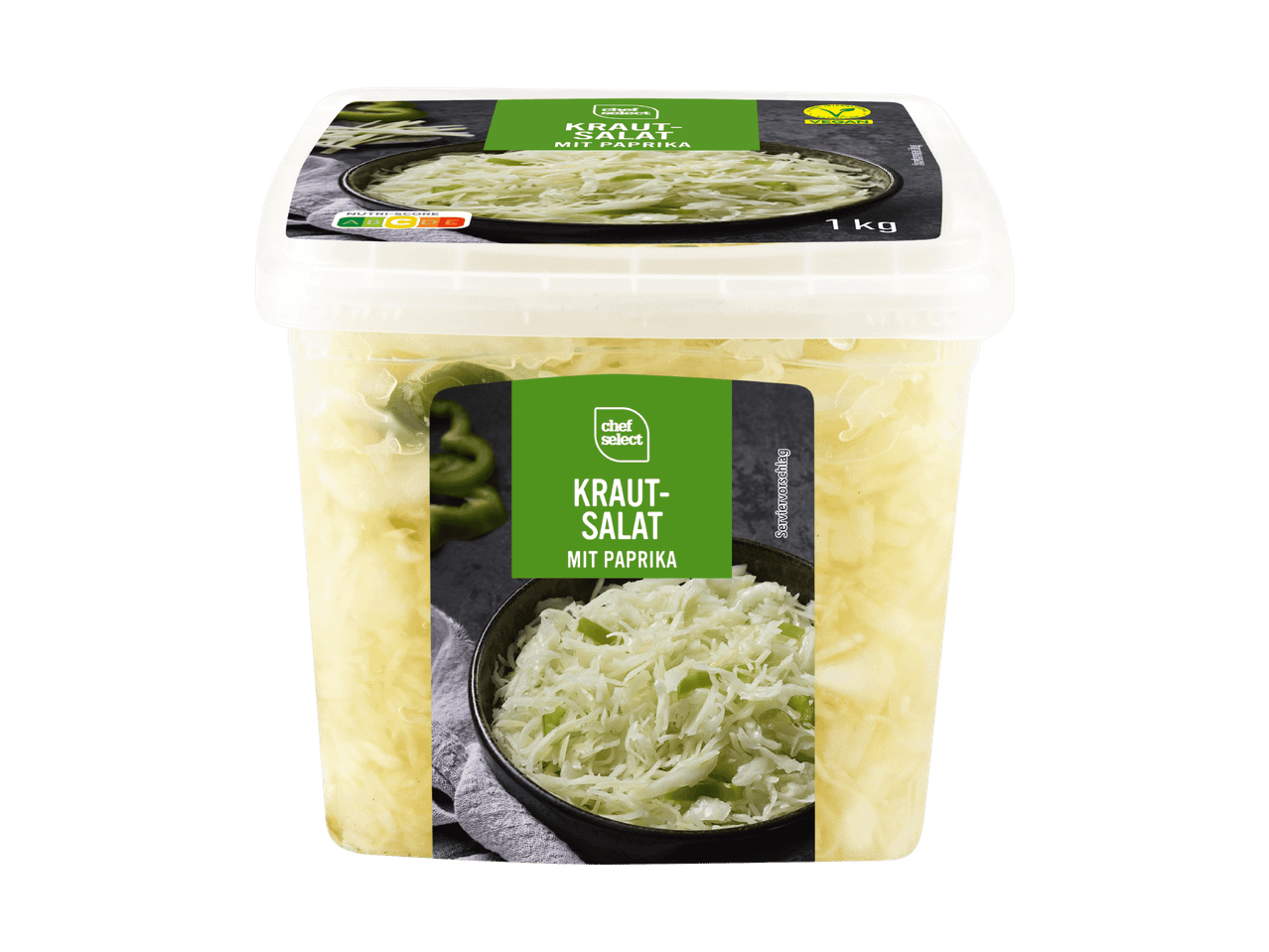 Krautsalat mit Paprika in einer 1 kg Packung mit Nutri-Score A und Vegan-Siegel.