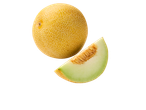 Een hele en een plak cantaloupemeloen op een witte achtergrond met een liniaal.
