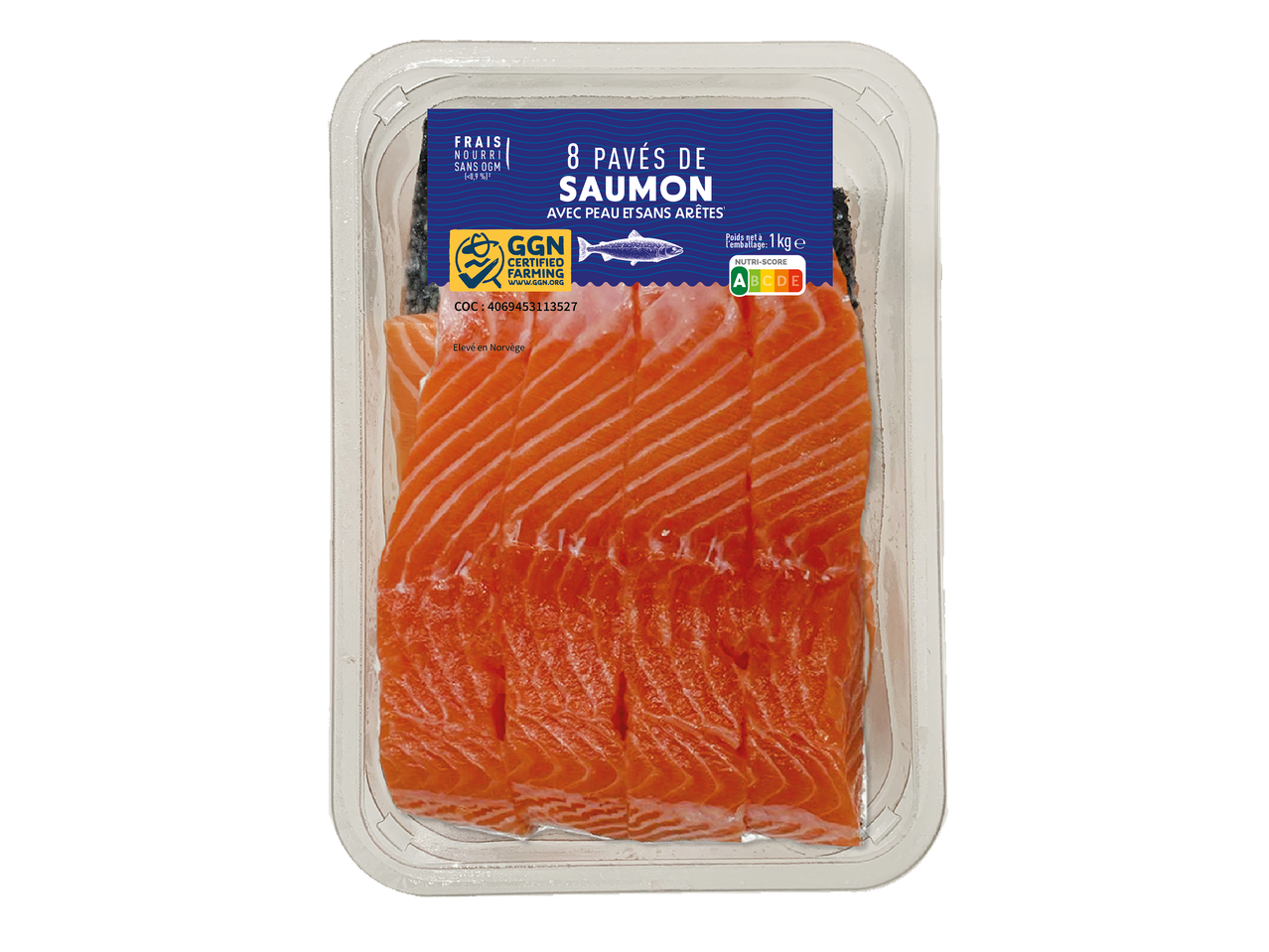 8 pavés de saumon frais avec peau et sans arêtes, 1 kg, élevé en Norvège, Nutri-Score A.