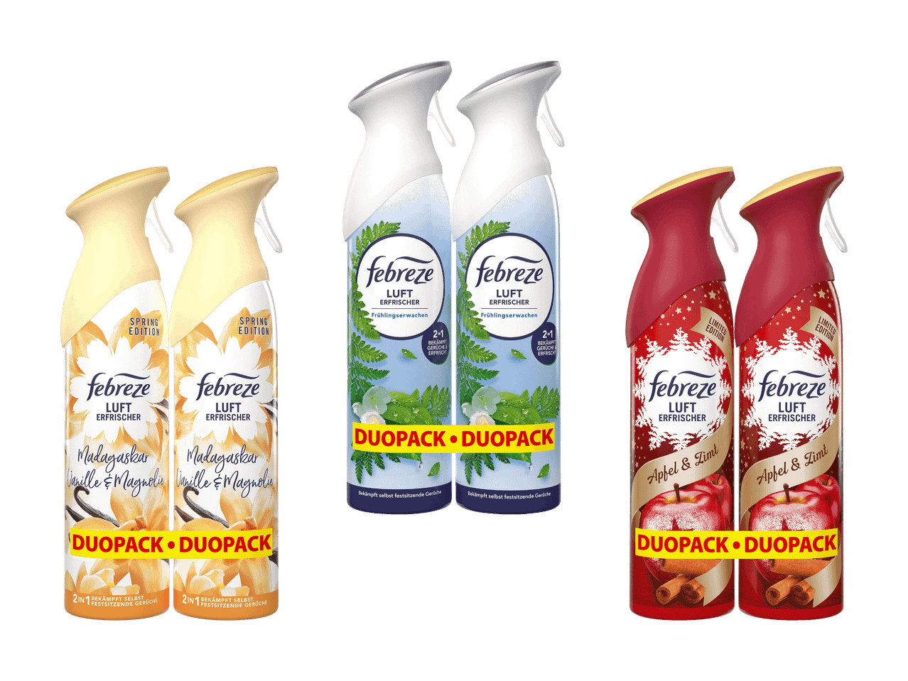 Drei Febreze Duopacks Lufterfrischer in verschiedenen Düften: Vanille, Frühlingserwachen und Apfel-Zimt.