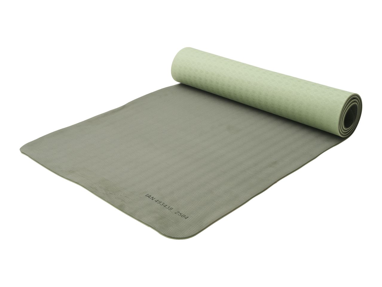 A partially rolled-up green yoga mat with a textured surface, showing the text 'IAN 493438_2504'.