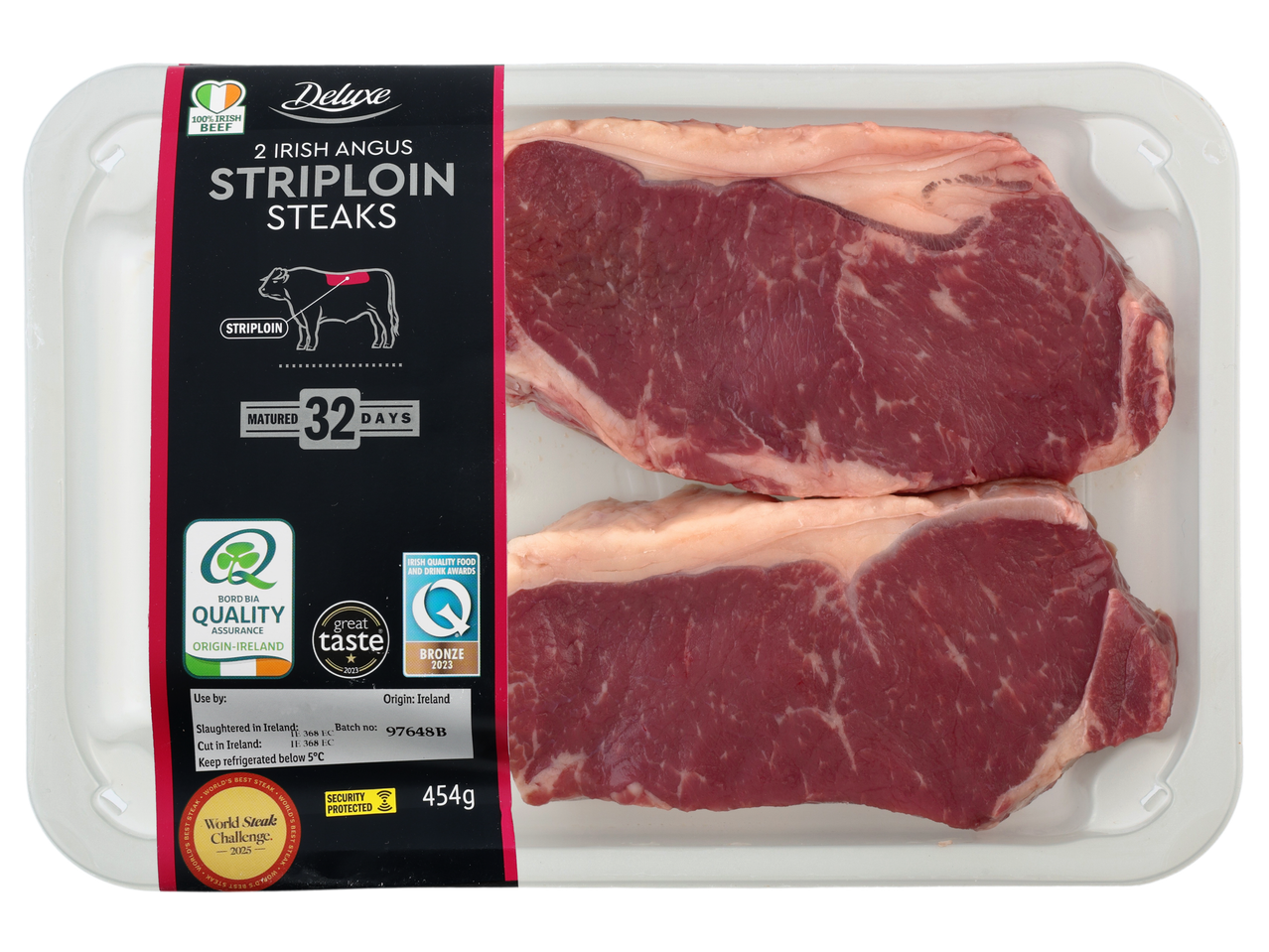 Pack of two Irish Angus striploin steaks, matured for 32 days, weighing 454g.