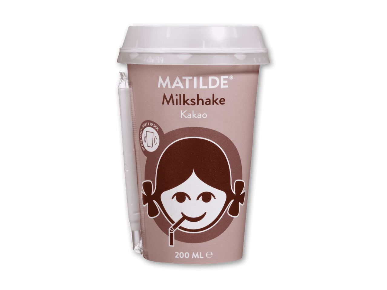 Chokolademilkshake i en kop med et tegneserieansigt og en sugerør, 200 ml.