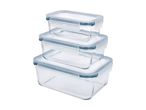 Stack of three rectangular glass food storage containers with light blue lids