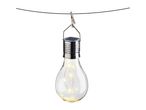 Solar-powered light bulb with fairy lights, hanging from a black wire with a clip.