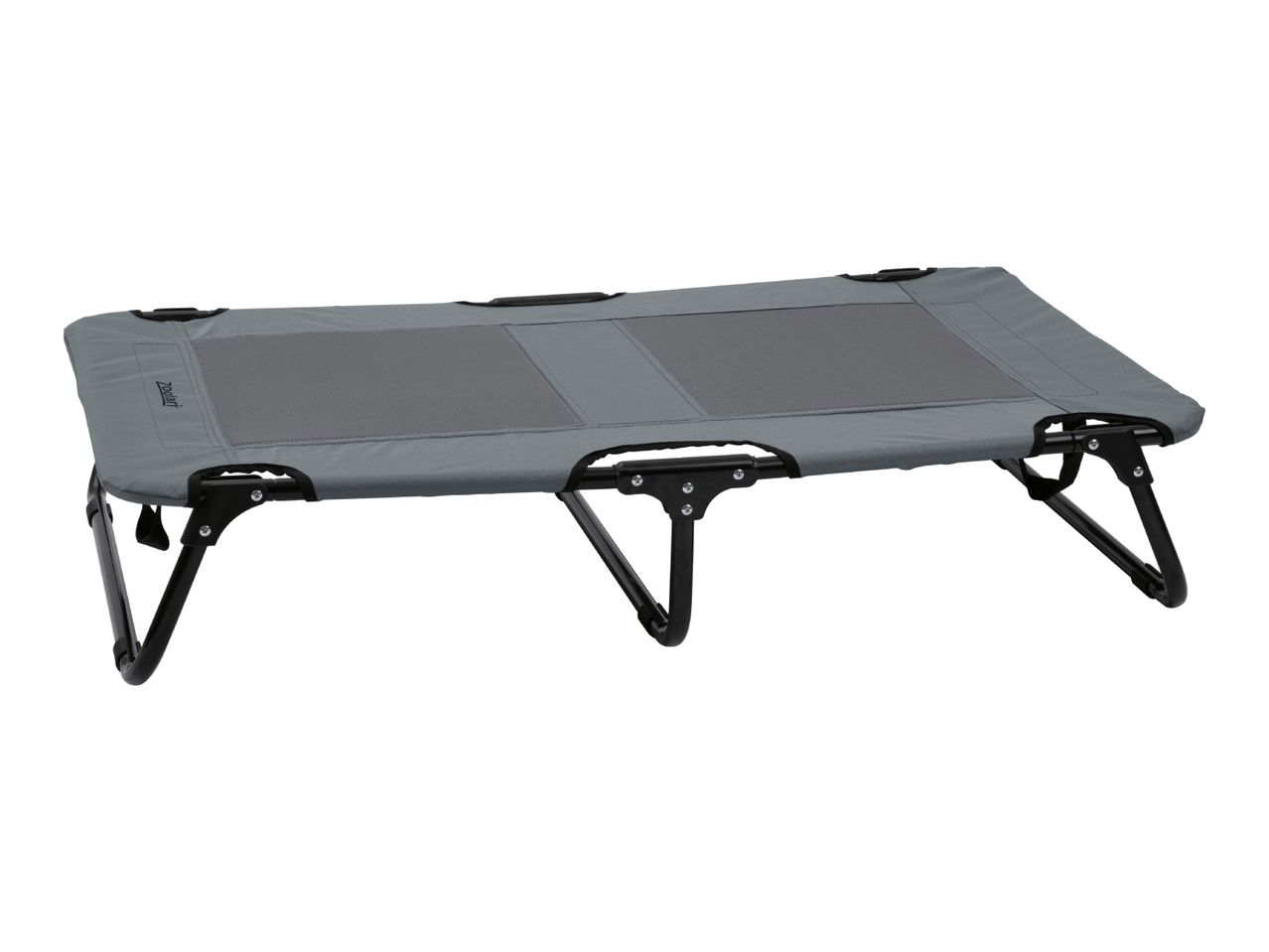 Grey foldable camping cot with black metal frame