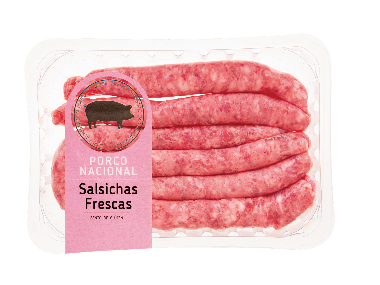 Embalagem de salsichas frescas de porco nacional, sem glúten.