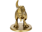 Estatueta dourada de dinossauro T-Rex numa base redonda.