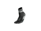 A black and gray athletic sock with a mountain logo on a white background.