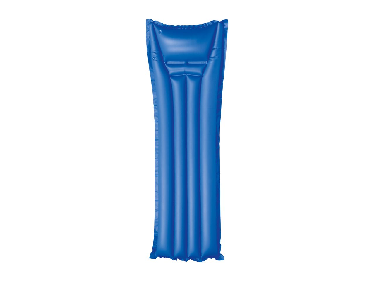 Blue inflatable air mattress for swimming or lounging, isolated on a white background.
