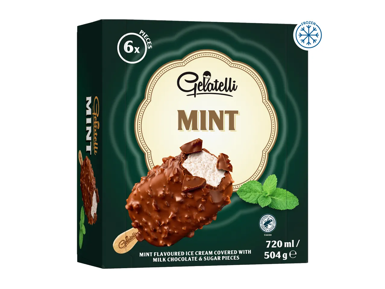 Mint ice cream bars covered in milk chocolate and sugar pieces, 6x pack, 720ml/504g.