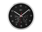 Wall clock with a black face, white numbers, and integrated temperature and humidity gauges.