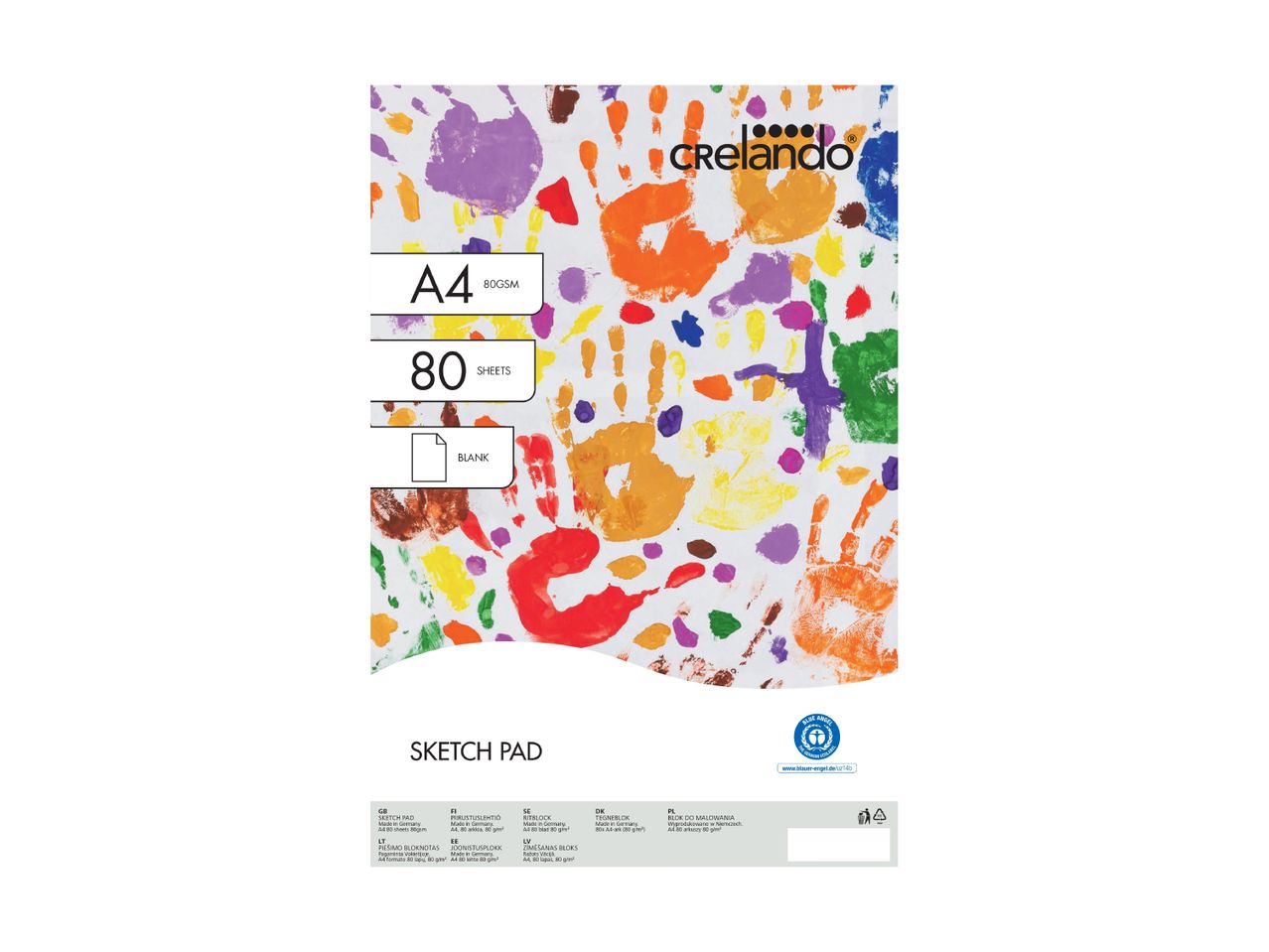 A4 sketch pad with 80 blank sheets, 80gsm, featuring colorful handprints on the cover.
